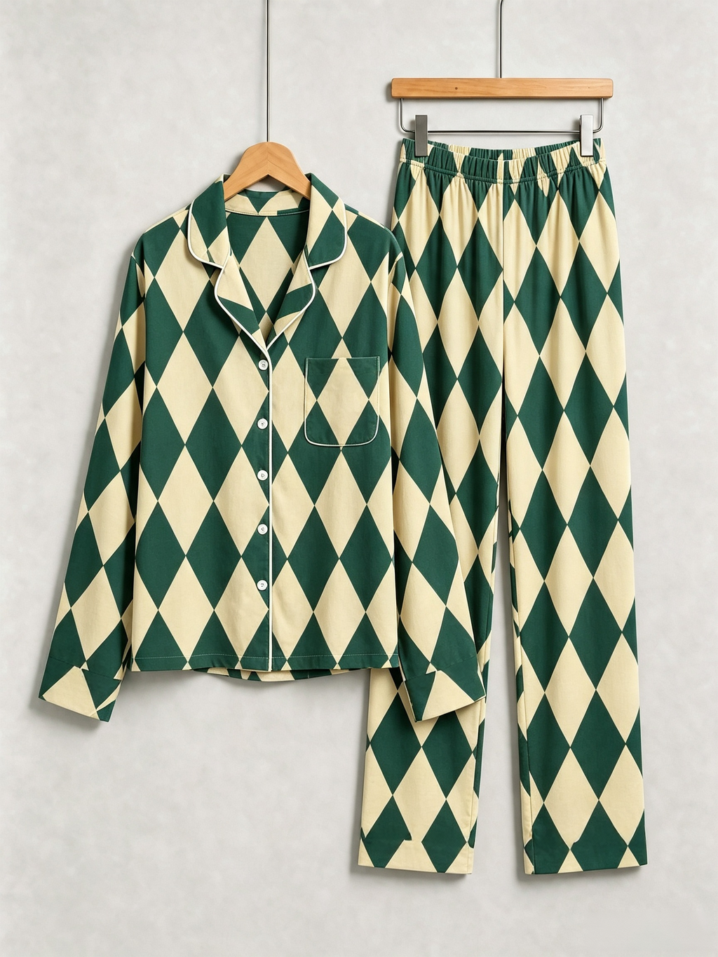 Women Christmas Pajamas - Dark Green & Beige Argyle Diamond Plaid Sleep Set