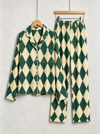 Women Christmas Pajamas - Dark Green & Beige Argyle Diamond Plaid Sleep Set