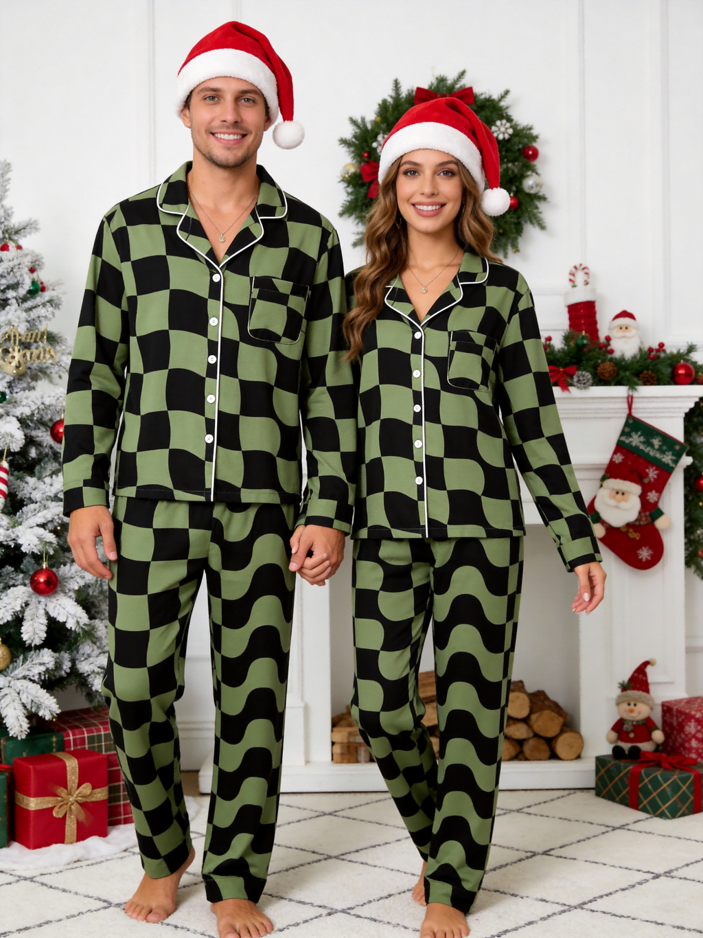 Women Christmas Pajamas - Black & Sage Green Wavy Checkerboard Button-Down Sleep Set