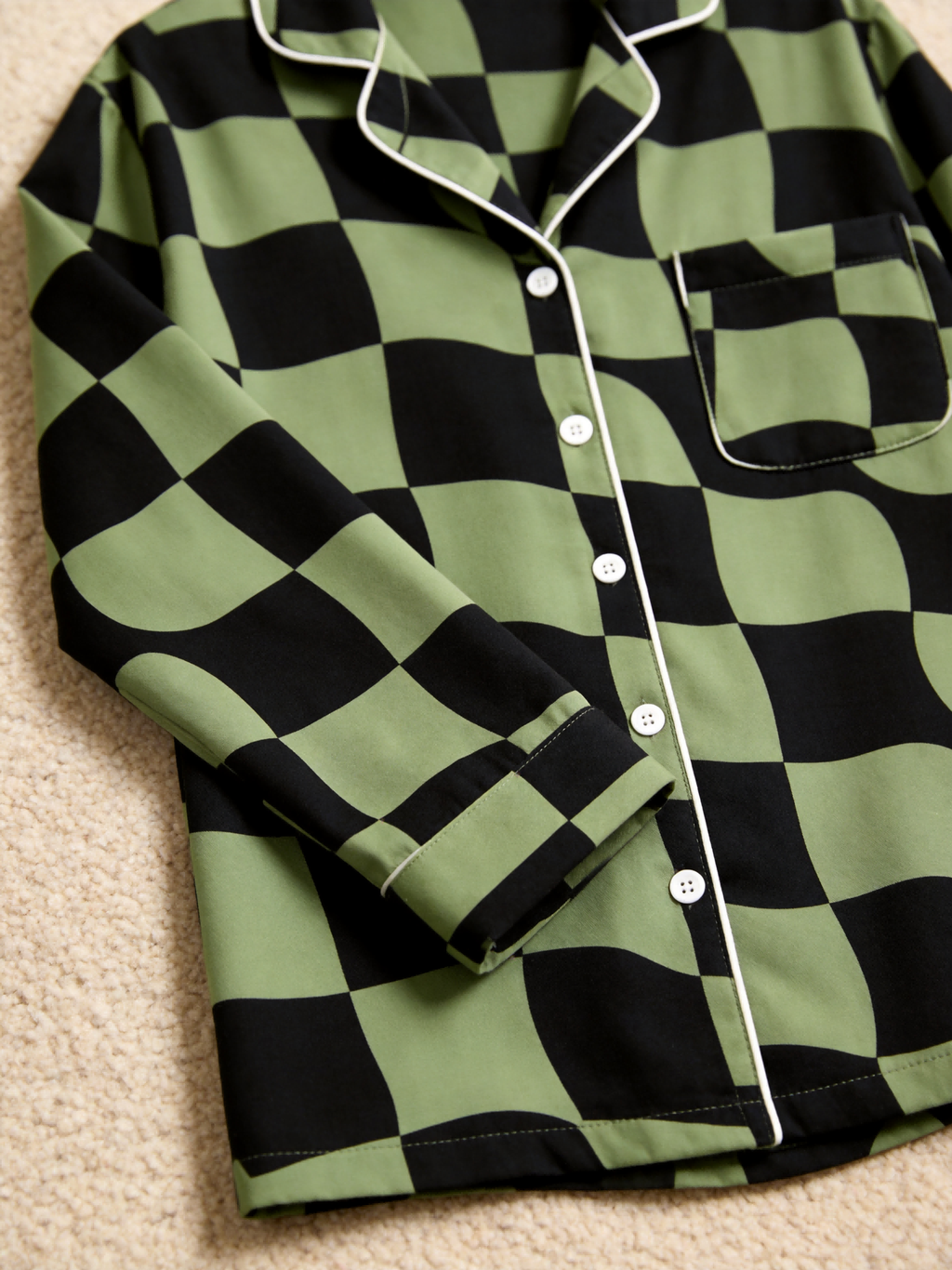Women Christmas Pajamas - Black & Sage Green Wavy Checkerboard Button-Down Sleep Set