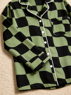 Women Christmas Pajamas - Black & Sage Green Wavy Checkerboard Button-Down Sleep Set