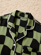 Women Christmas Pajamas - Black & Sage Green Wavy Checkerboard Button-Down Sleep Set