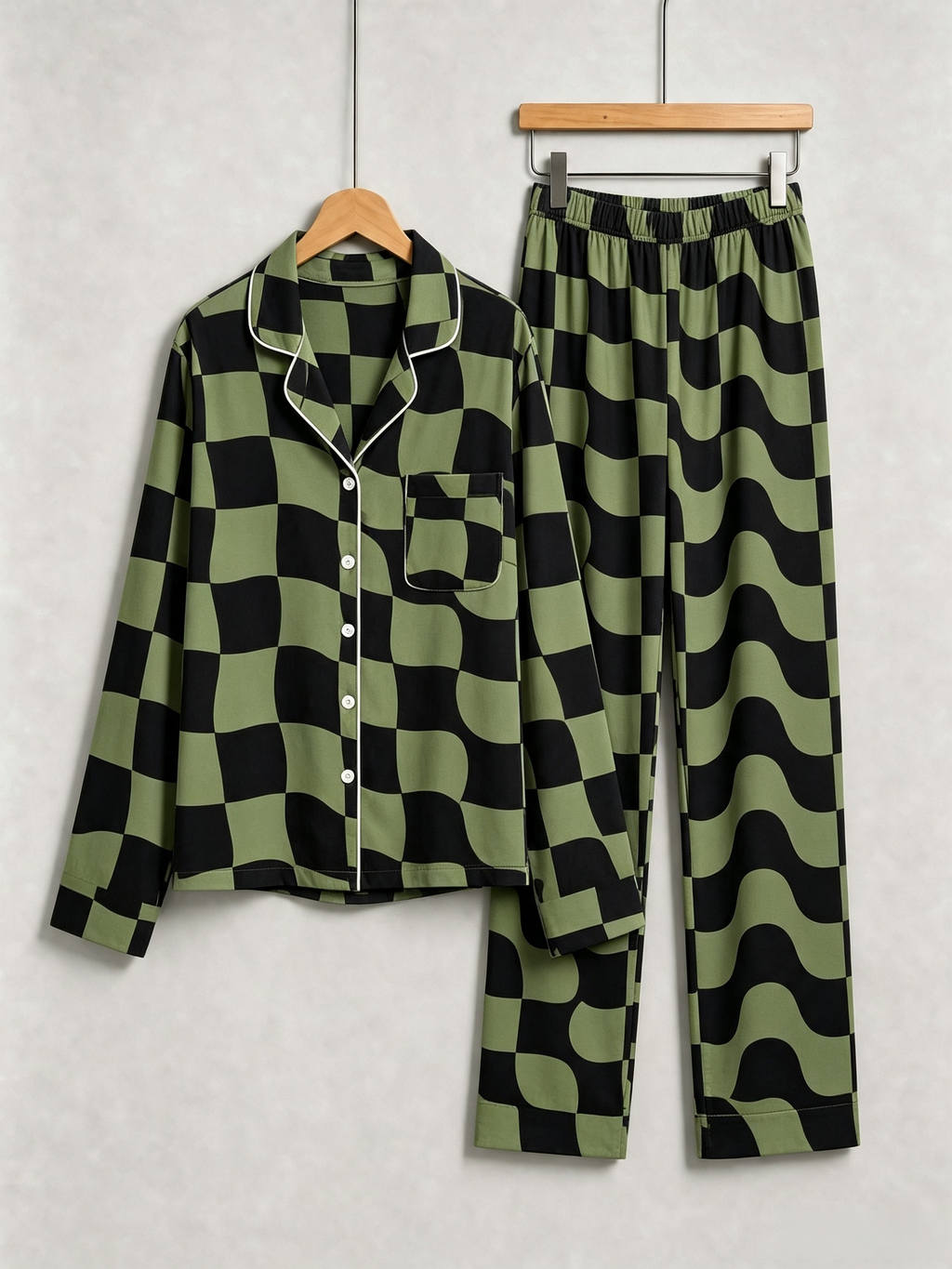 Women Christmas Pajamas - Black & Sage Green Wavy Checkerboard Button-Down Sleep Set