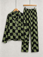 Women Christmas Pajamas - Black & Sage Green Wavy Checkerboard Button-Down Sleep Set