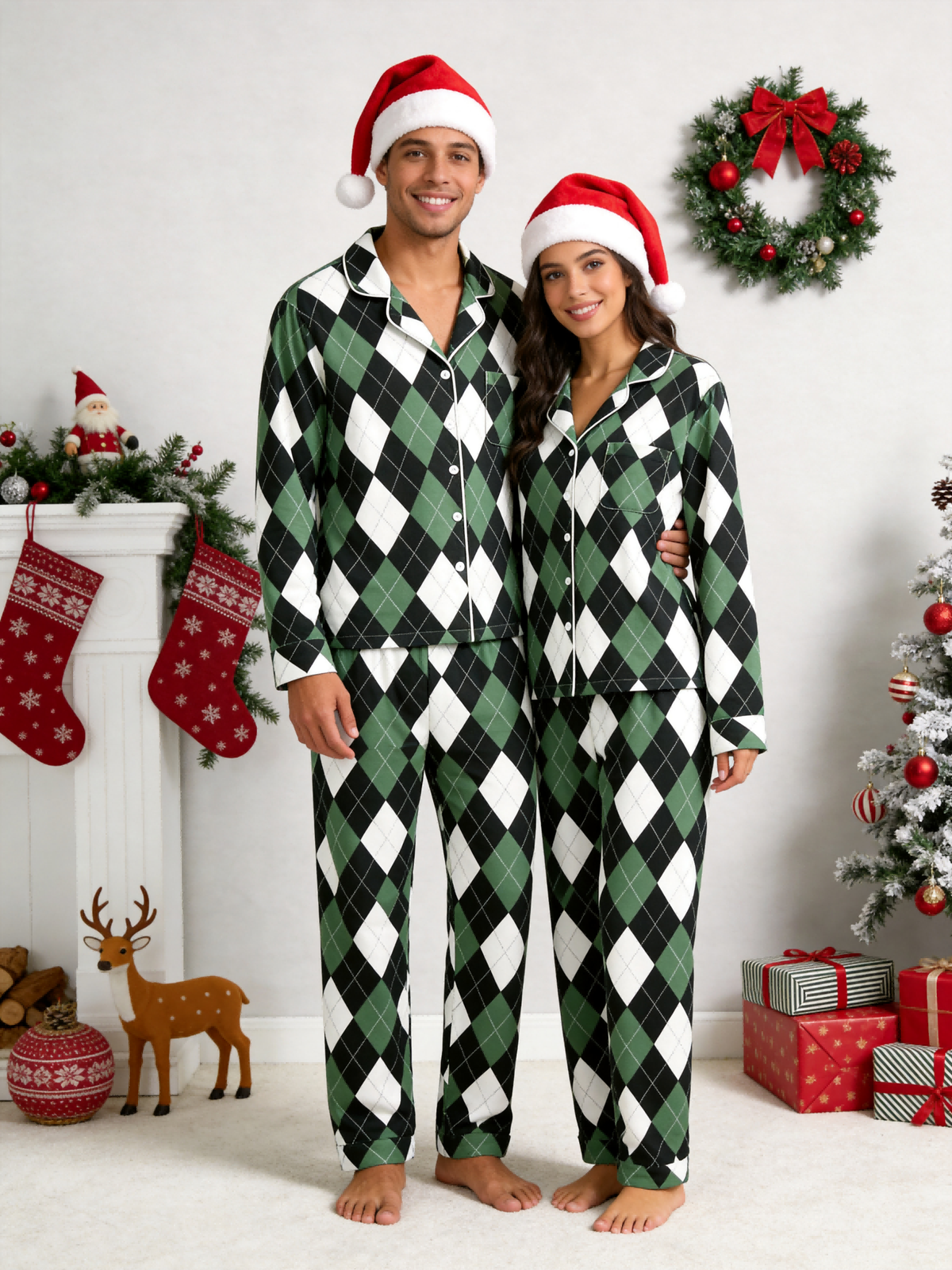 Women Christmas Pajamas - Black, Green & White Argyle Diamond Plaid Set