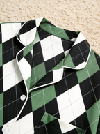 Women Christmas Pajamas - Black, Green & White Argyle Diamond Plaid Set