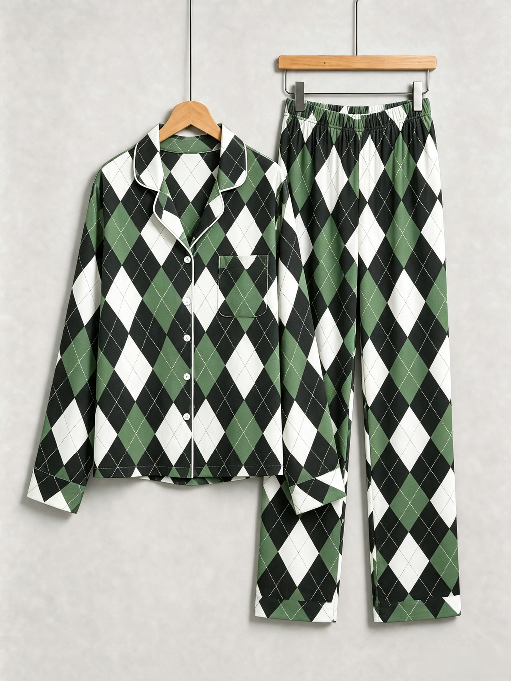 Women Christmas Pajamas - Black, Green & White Argyle Diamond Plaid Set
