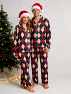Women Christmas Pajamas - Red, Navy Blue & Beige Argyle Diamond Plaid Sleep Set