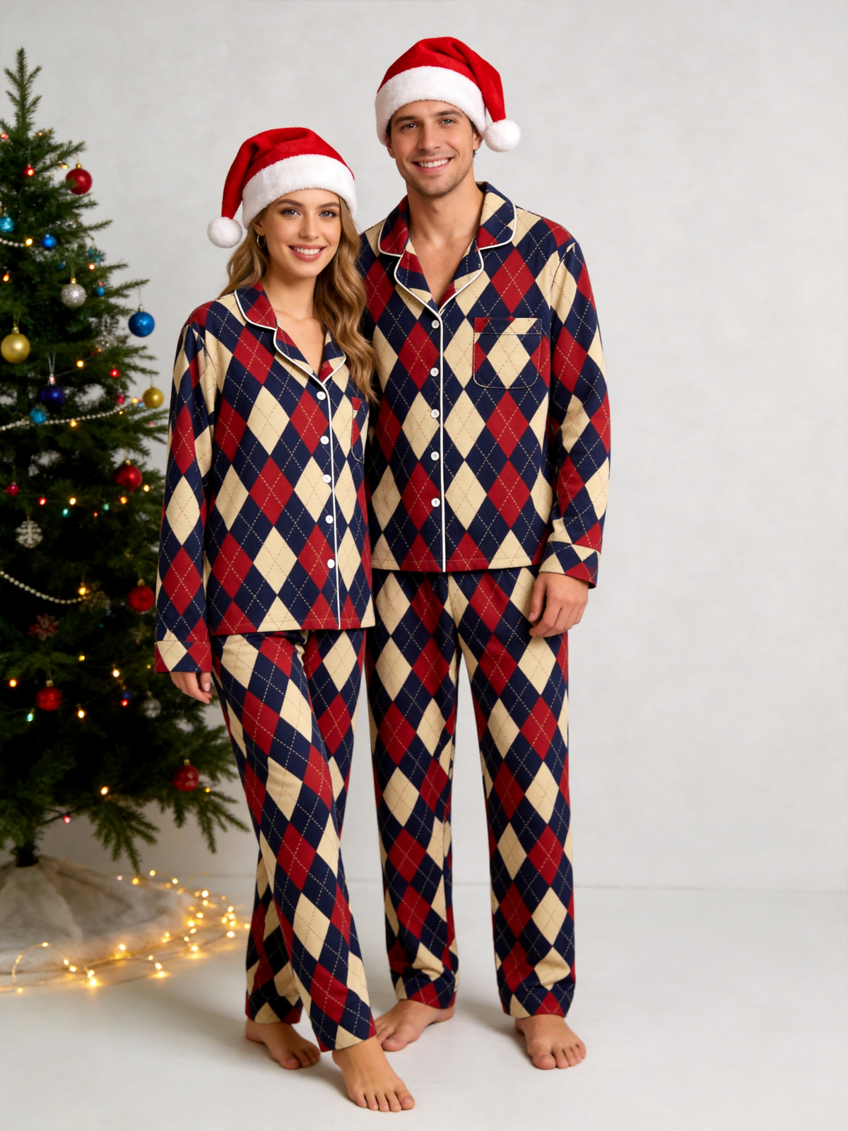 Women Christmas Pajamas - Red, Navy Blue & Beige Argyle Diamond Plaid Sleep Set
