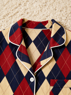 Women Christmas Pajamas - Red, Navy Blue & Beige Argyle Diamond Plaid Sleep Set
