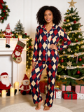 Women Christmas Pajamas - Red, Navy Blue & Beige Argyle Diamond Plaid Sleep Set