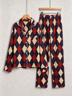 Women Christmas Pajamas - Red, Navy Blue & Beige Argyle Diamond Plaid Sleep Set