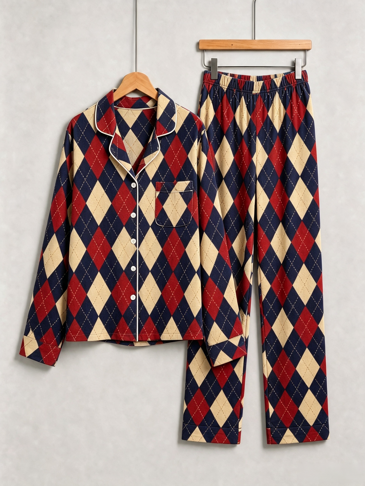 Women Christmas Pajamas - Red, Navy Blue & Beige Argyle Diamond Plaid Sleep Set