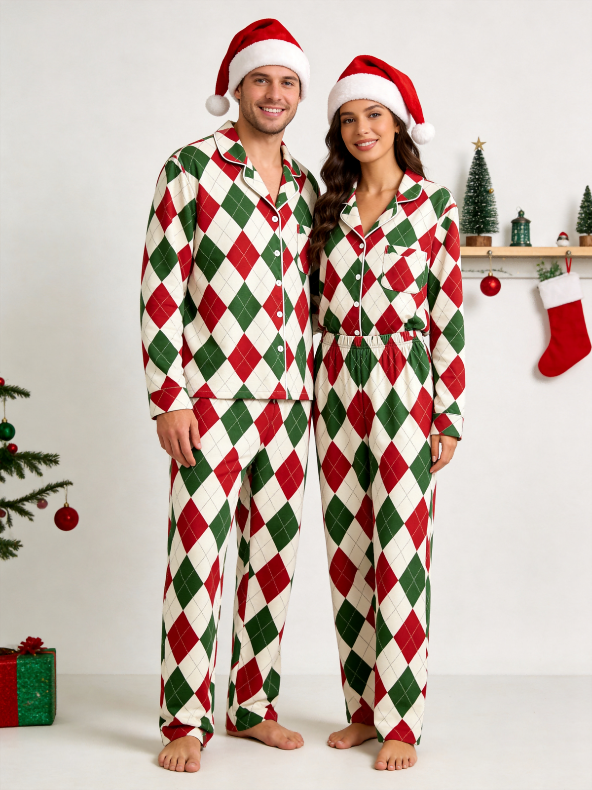 Women Christmas Pajamas - Red, Green & White Argyle Diamond Plaid Sleep Set