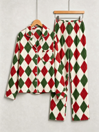 Women Christmas Pajamas - Red, Green & White Argyle Diamond Plaid Sleep Set