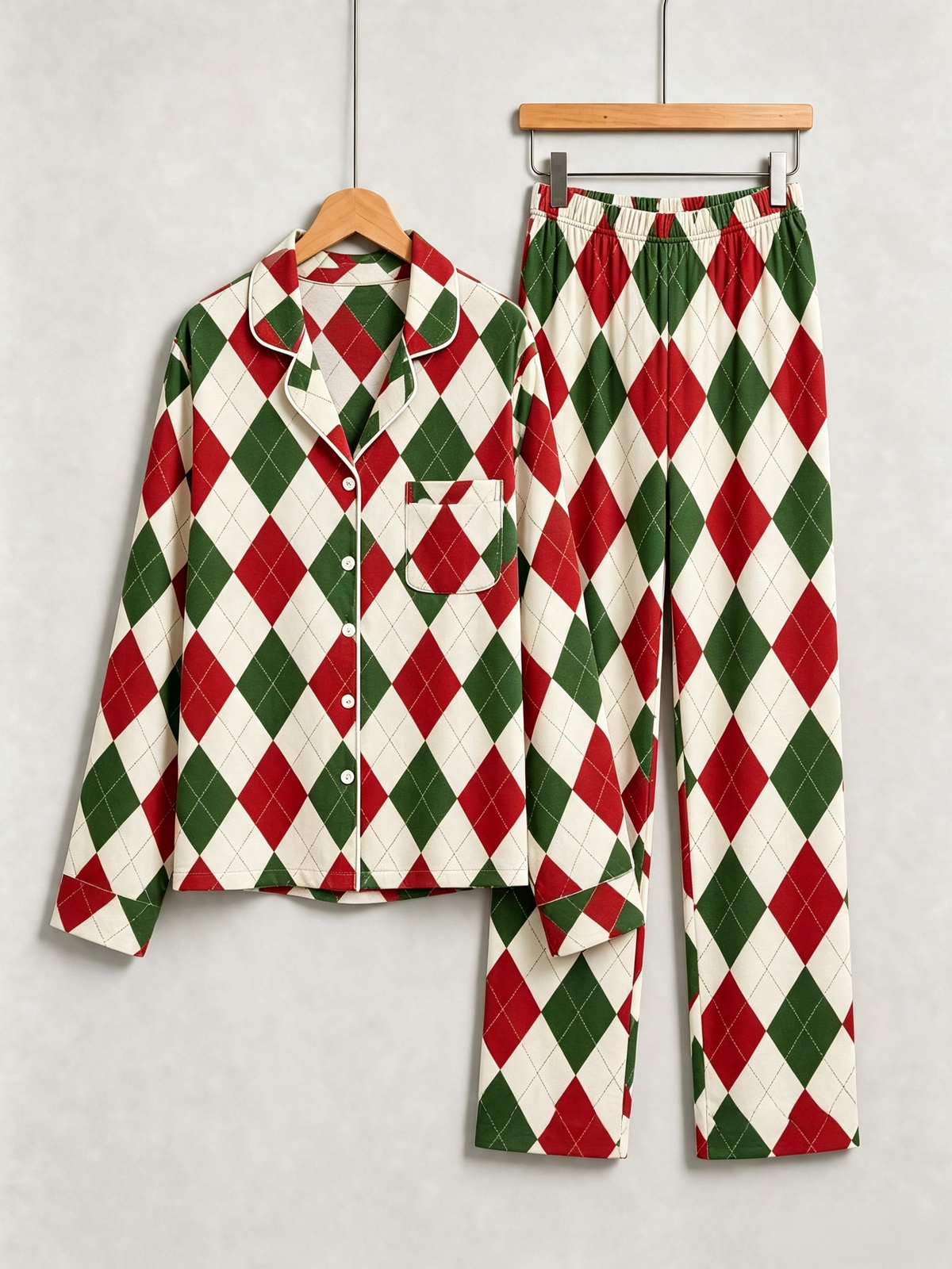 Women Christmas Pajamas - Red, Green & White Argyle Diamond Plaid Sleep Set
