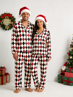 Women Christmas Pajamas - Red, Black & Beige Argyle Diamond Plaid Set