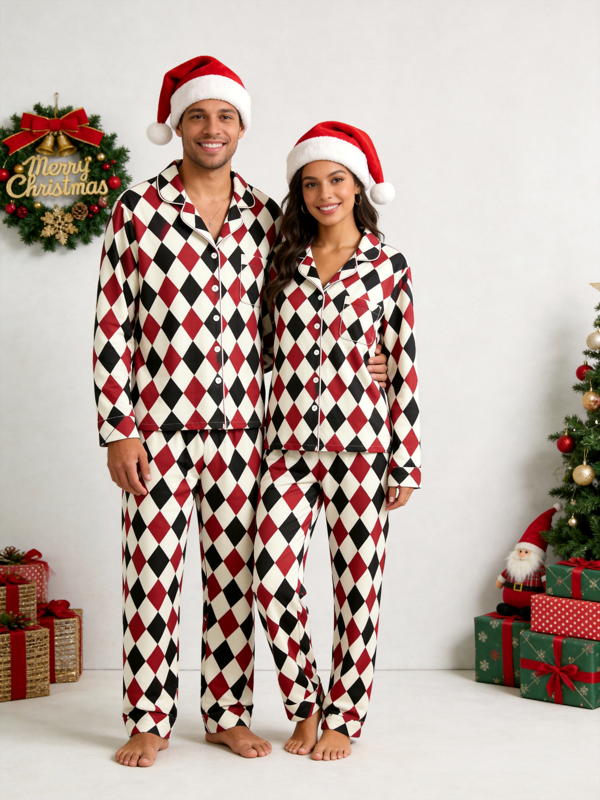 Women Christmas Pajamas - Red, Black & Beige Argyle Diamond Plaid Set