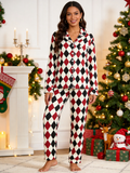 Women Christmas Pajamas - Red, Black & Beige Argyle Diamond Plaid Set