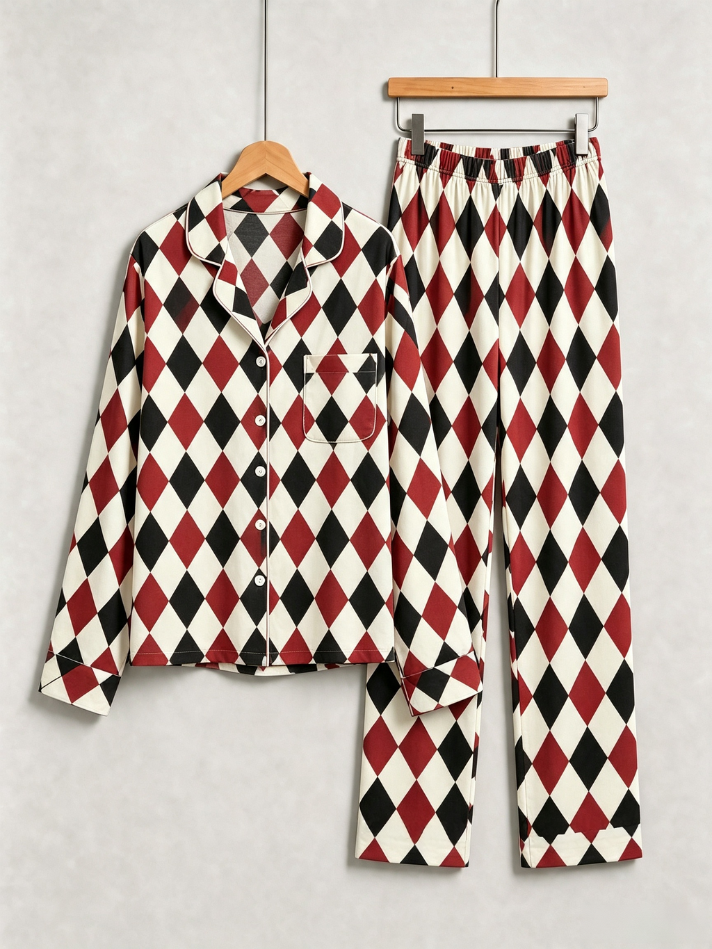 Women Christmas Pajamas - Red, Black & Beige Argyle Diamond Plaid Set