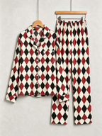 Women Christmas Pajamas - Red, Black & Beige Argyle Diamond Plaid Set