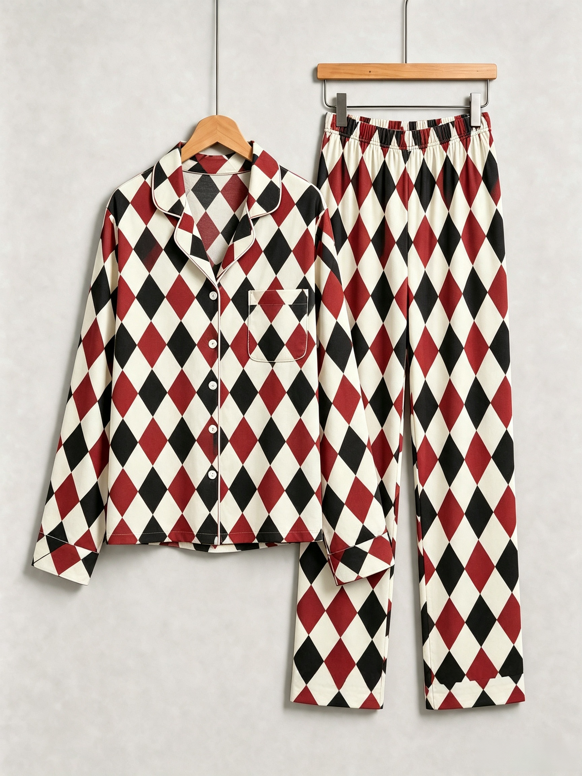 Women Christmas Pajamas - Red, Black & Beige Argyle Diamond Plaid Set