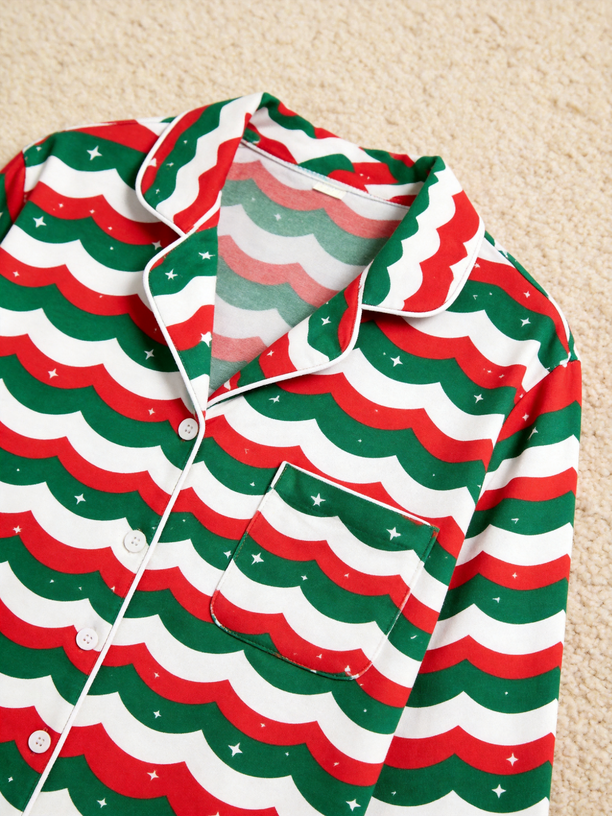 Women Christmas Pajamas - Red & Green Wavy Stripe Starry Night Button up Pajamas