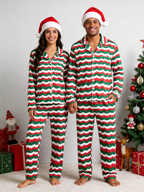 Women Christmas Pajamas - Red & Green Wavy Stripe Starry Night Button up Pajamas