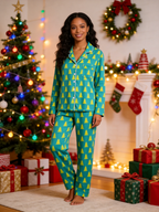 Women Christmas Pajamas - Teal Blue Neon Yellow Christmas Tree Print Button up Pajamas