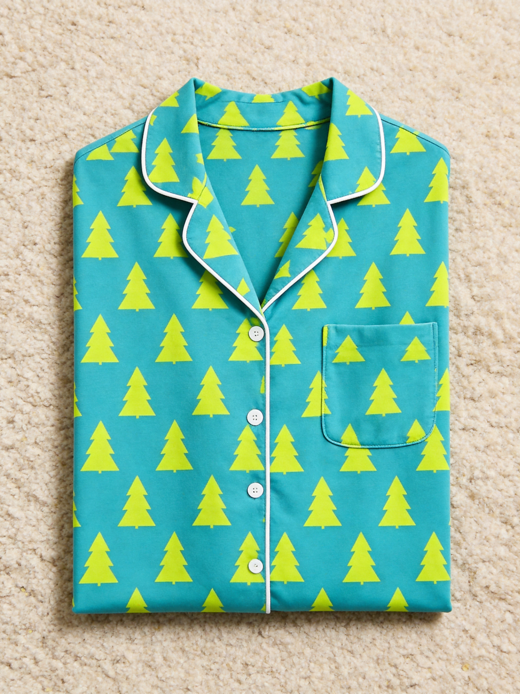 Women Christmas Pajamas - Teal Blue Neon Yellow Christmas Tree Print Button up Pajamas
