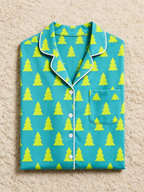 Women Christmas Pajamas - Teal Blue Neon Yellow Christmas Tree Print Button up Pajamas