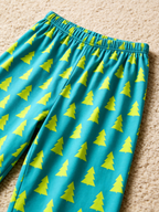 Women Christmas Pajamas - Teal Blue Neon Yellow Christmas Tree Print Button up Pajamas