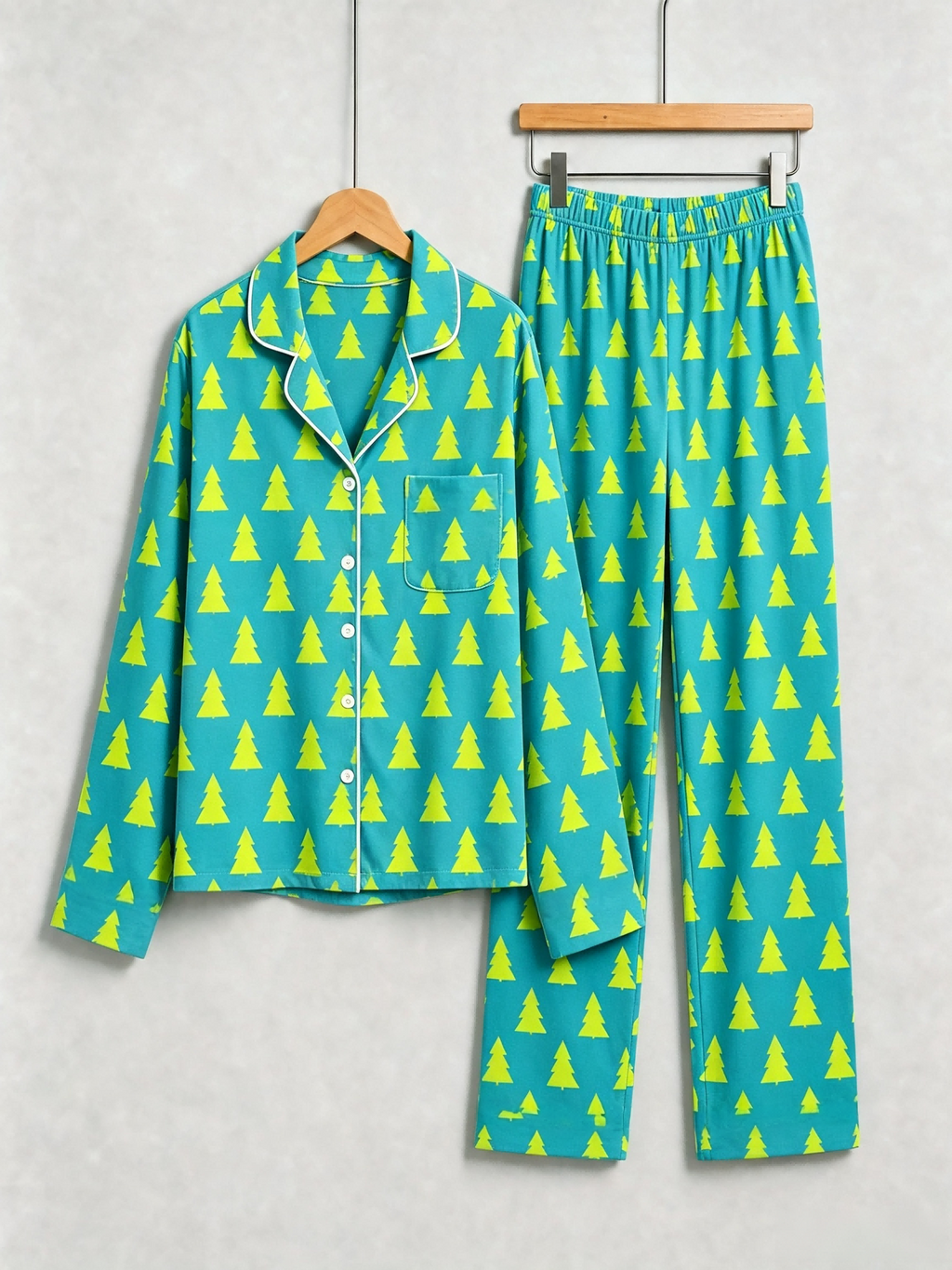 Women Christmas Pajamas - Teal Blue Neon Yellow Christmas Tree Print Button up Pajamas
