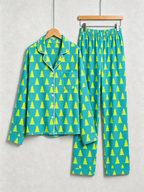 Women Christmas Pajamas - Teal Blue Neon Yellow Christmas Tree Print Button up Pajamas