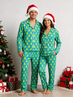 Women Christmas Pajamas - Teal Blue Neon Yellow Christmas Tree Print Button up Pajamas