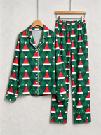 Women Christmas Pajamas - Green & Red Santa Hat Geometric Print Button up Pajamas