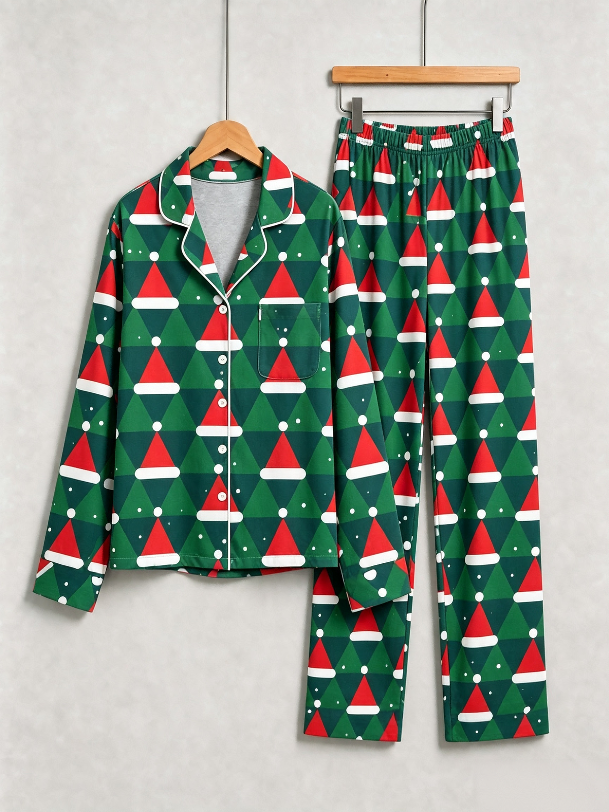 Women Christmas Pajamas - Green & Red Santa Hat Geometric Print Button up Pajamas