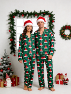 Women Christmas Pajamas - Green & Red Santa Hat Geometric Print Button up Pajamas