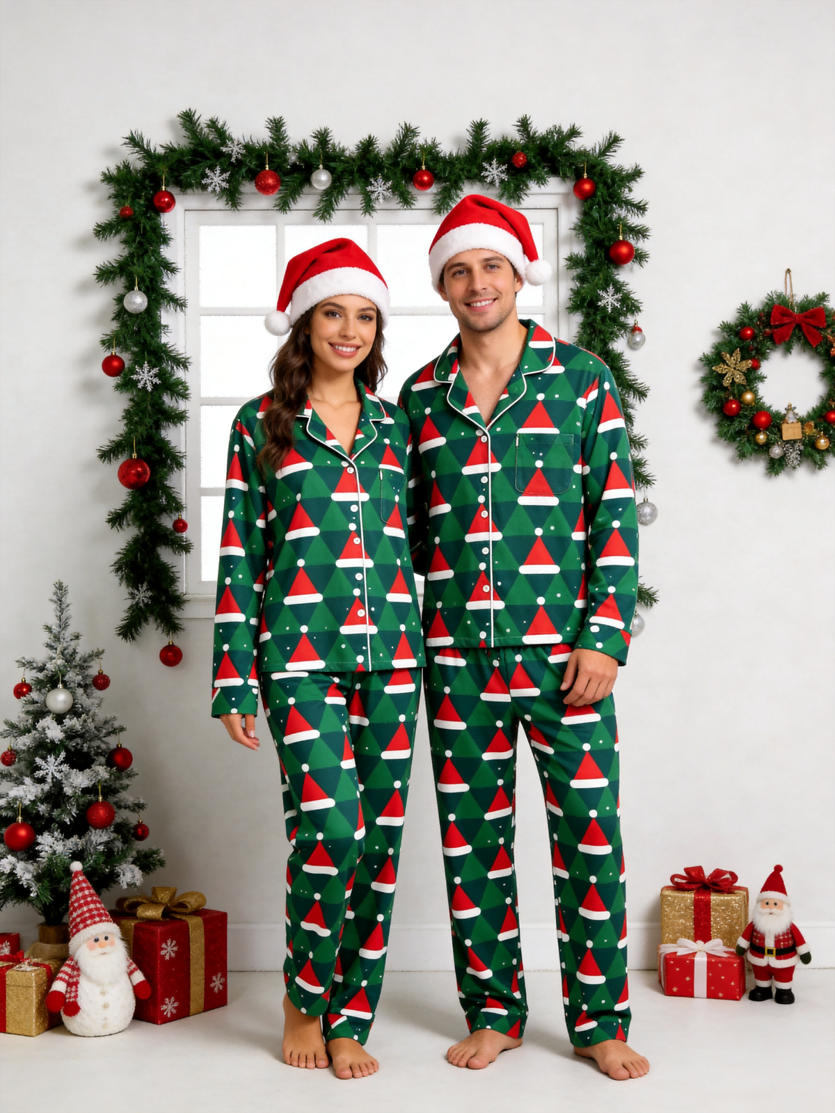 Women Christmas Pajamas - Green & Red Santa Hat Geometric Print Button up Pajamas