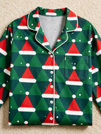 Women Christmas Pajamas - Green & Red Santa Hat Geometric Print Button up Pajamas