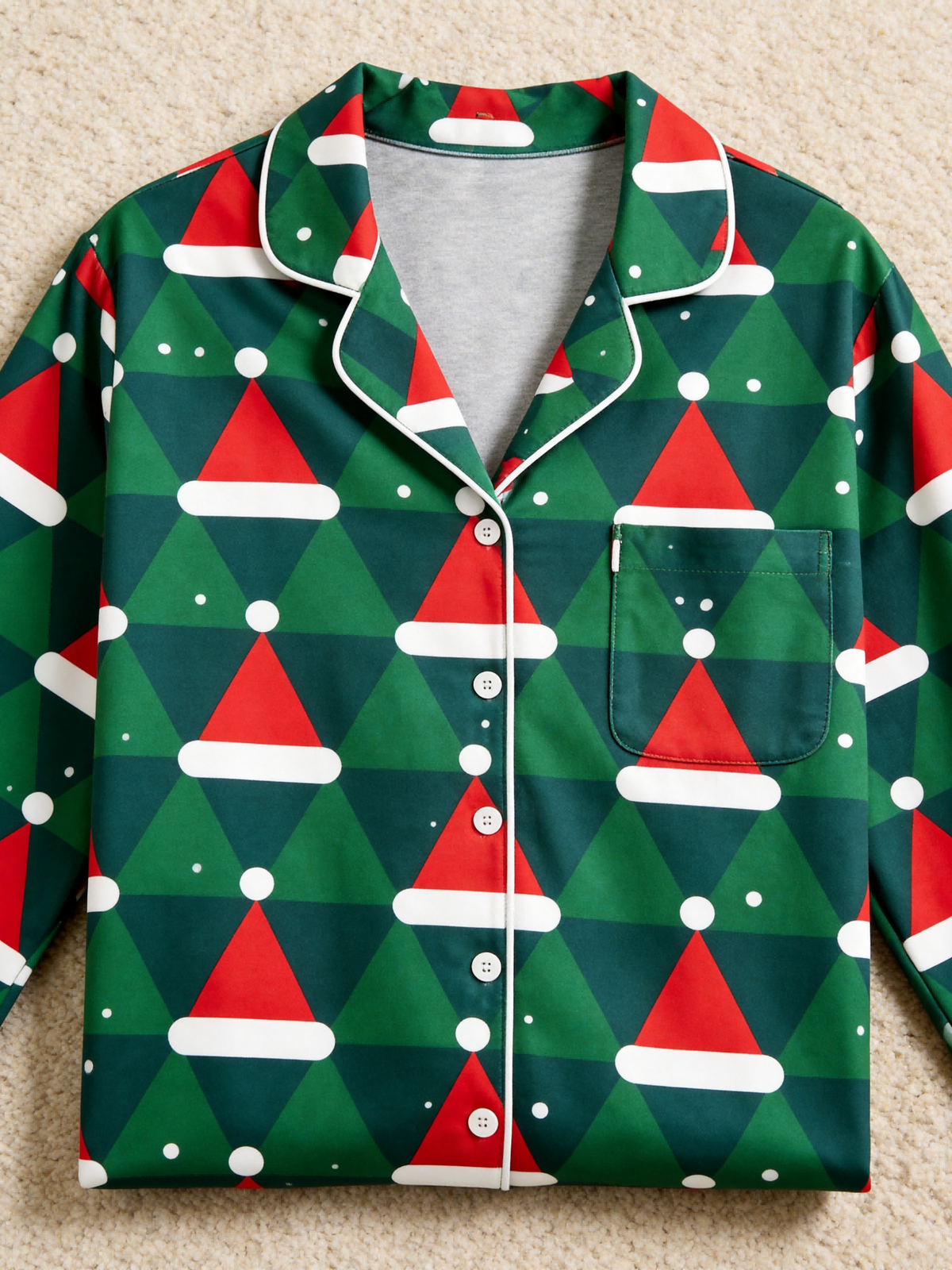 Women Christmas Pajamas - Green & Red Santa Hat Geometric Print Button up Pajamas