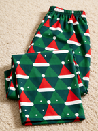 Women Christmas Pajamas - Green & Red Santa Hat Geometric Print Button up Pajamas