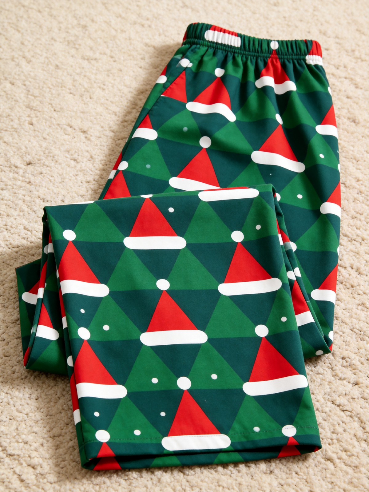 Women Christmas Pajamas - Green & Red Santa Hat Geometric Print Button up Pajamas