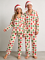 Women Christmas Pajamas - Off-White Red Green Gold-Dotted Geometric Diamond Button up Pajamas
