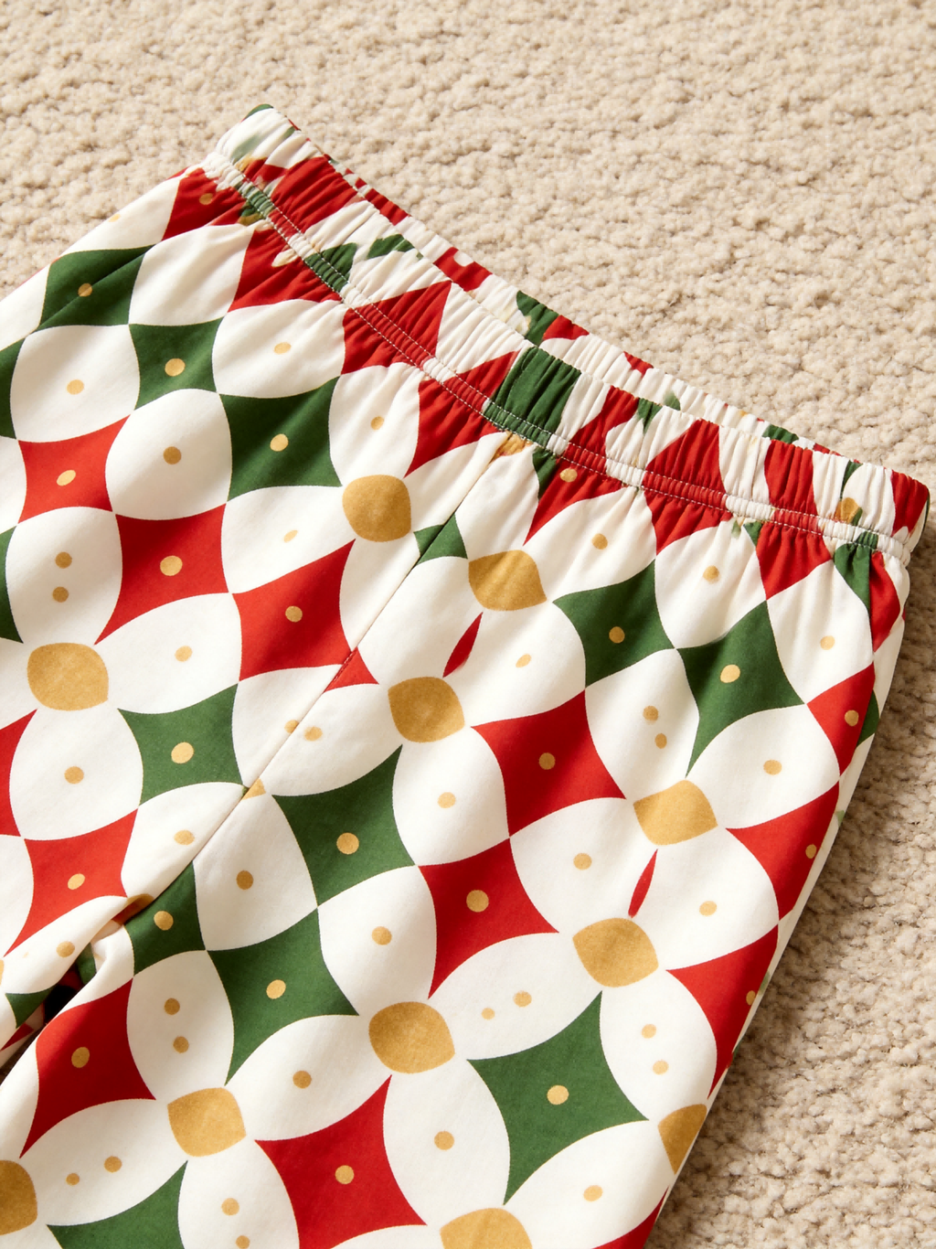 Women Christmas Pajamas - Off-White Red Green Gold-Dotted Geometric Diamond Button up Pajamas