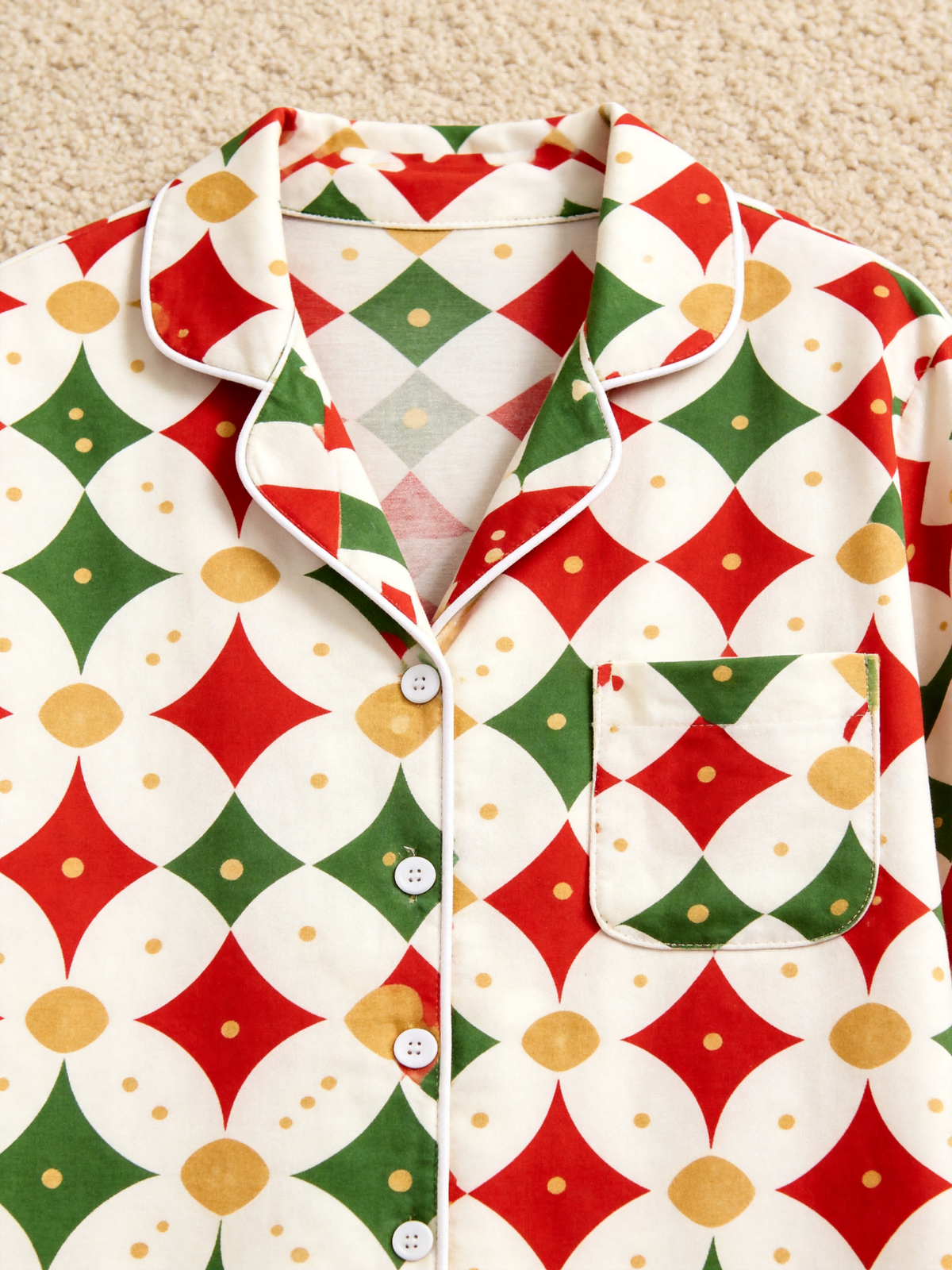 Women Christmas Pajamas - Off-White Red Green Gold-Dotted Geometric Diamond Button up Pajamas