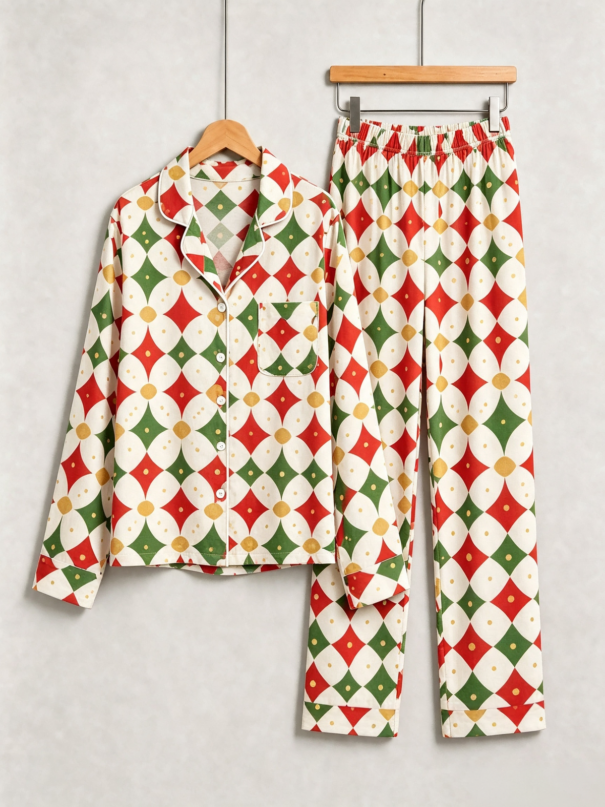 Women Christmas Pajamas - Off-White Red Green Gold-Dotted Geometric Diamond Button up Pajamas