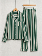 Women Christmas Pajamas - Emerald Green & Cream White Bold Striped Button up Pajamas