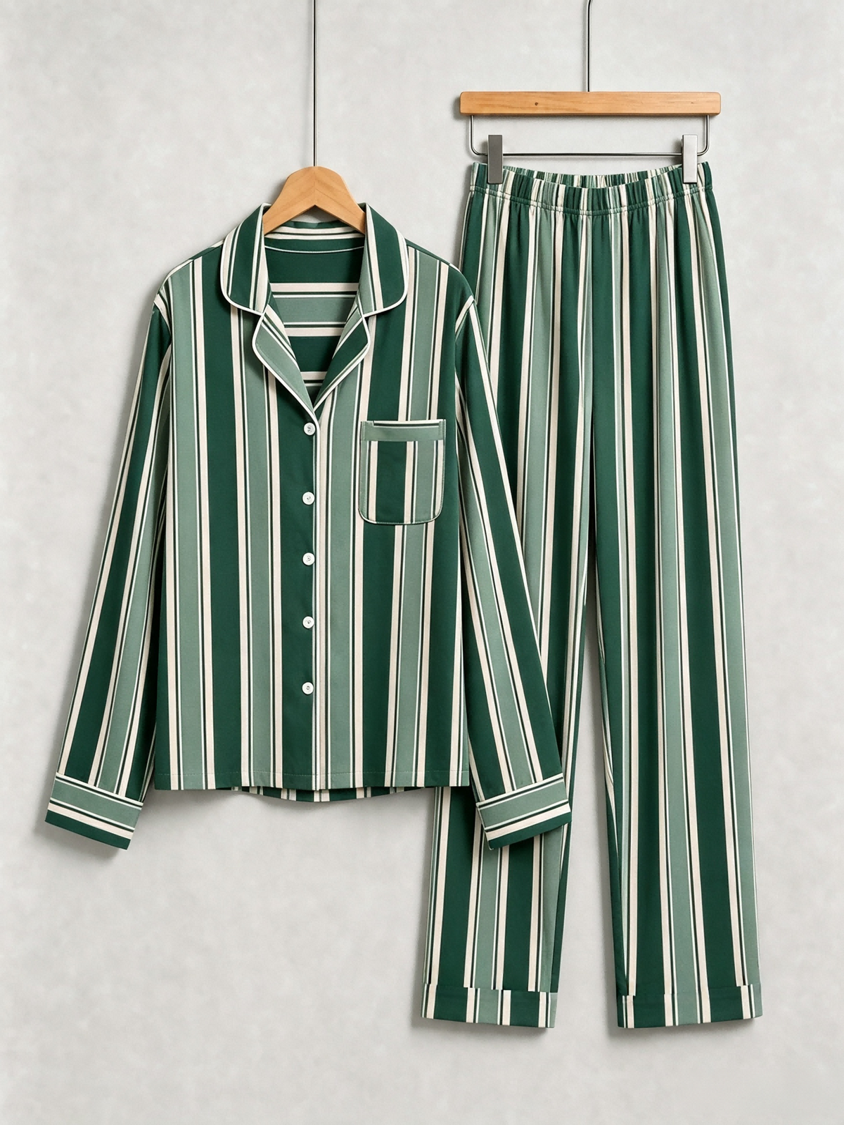 Women Christmas Pajamas - Emerald Green & Cream White Bold Striped Button up Pajamas