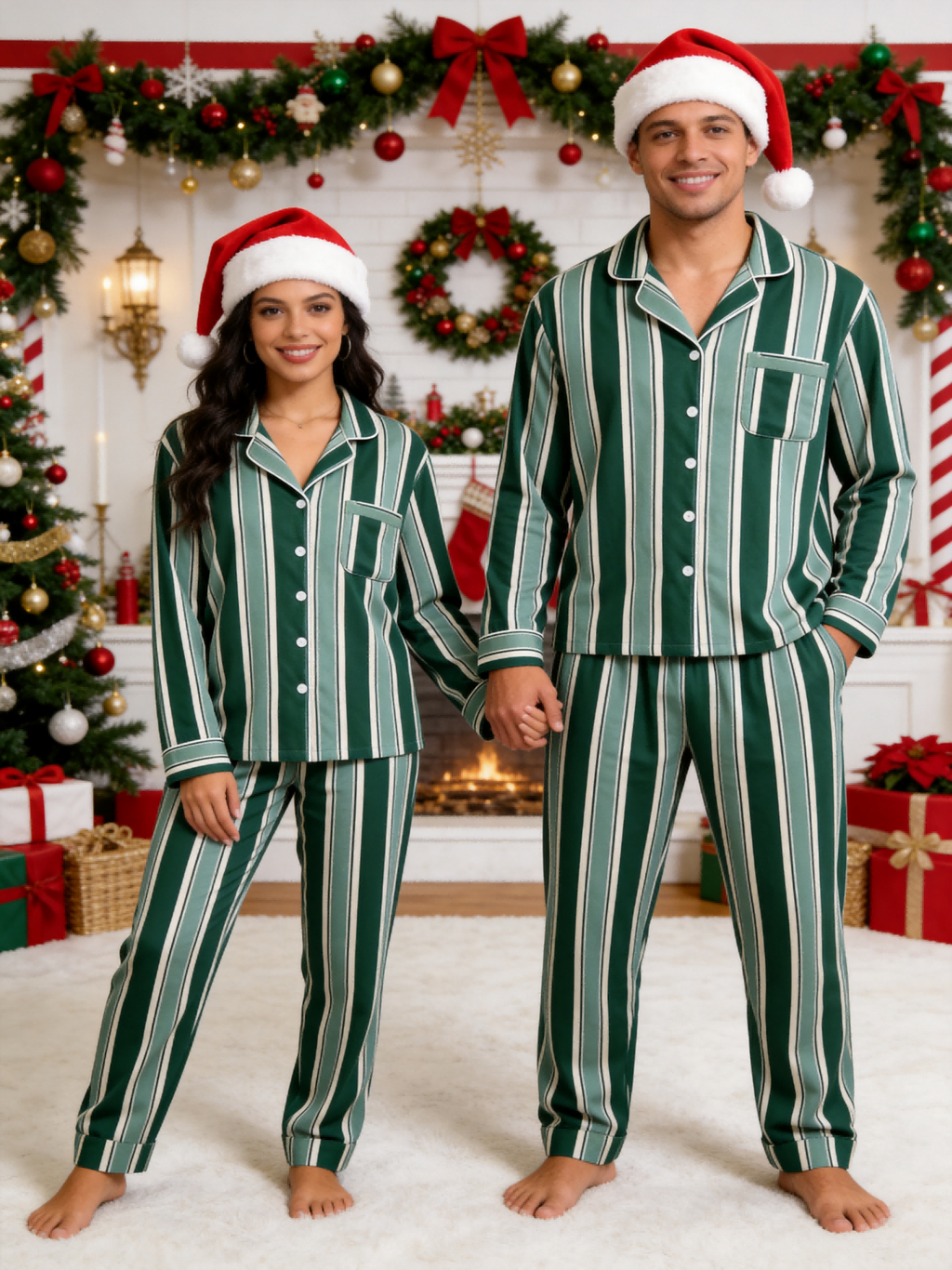 Women Christmas Pajamas - Emerald Green & Cream White Bold Striped Button up Pajamas